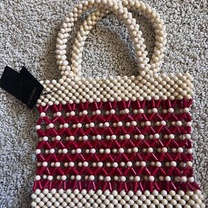 Forever 21 Cream and Red Beaded Tote bag with Striped Design